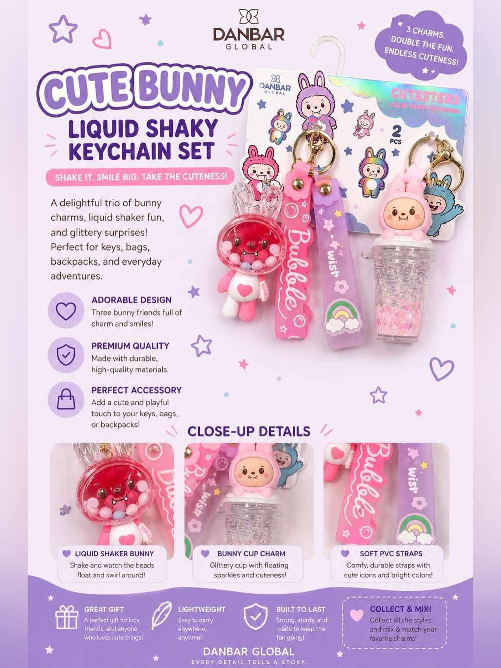 Danbar Global Cute Bunny Liquid Shaky Keychain / Bag Charm Set - Pink & Purple